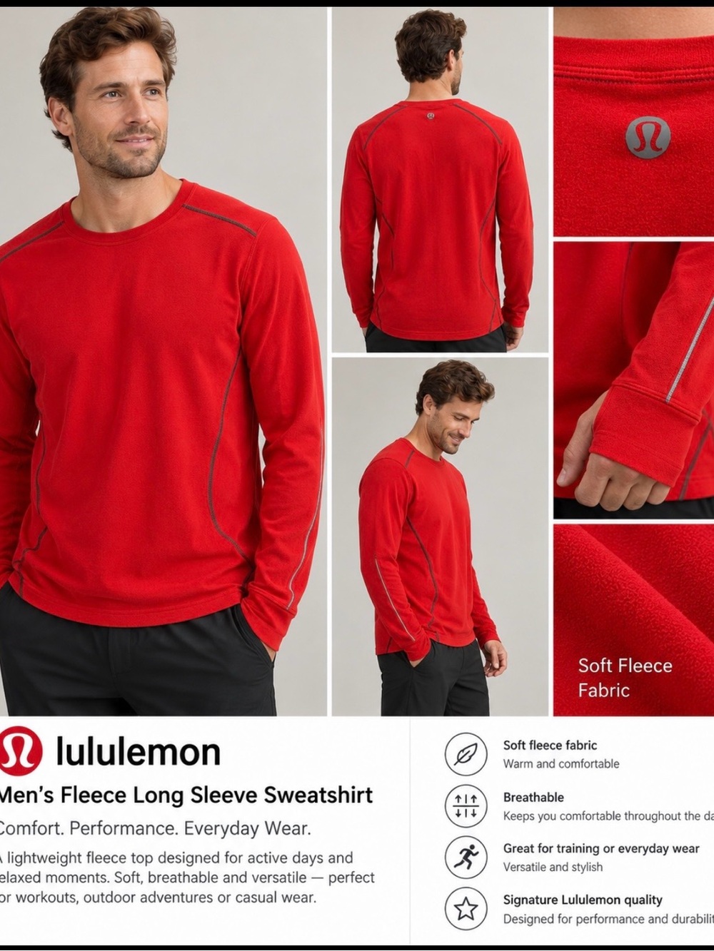 Men’s signature Lululemon quality fleece long sleeve sweatshirt, size M